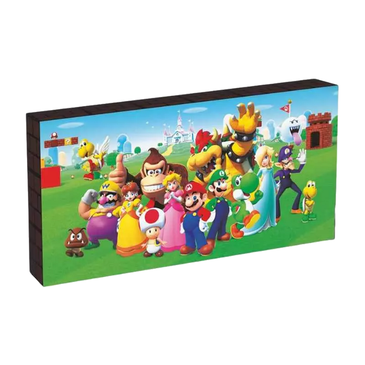 Mario, Luigi, Peach, Bowser, Yoshi, Donkey Kong i inne postacie na zielonym polu.