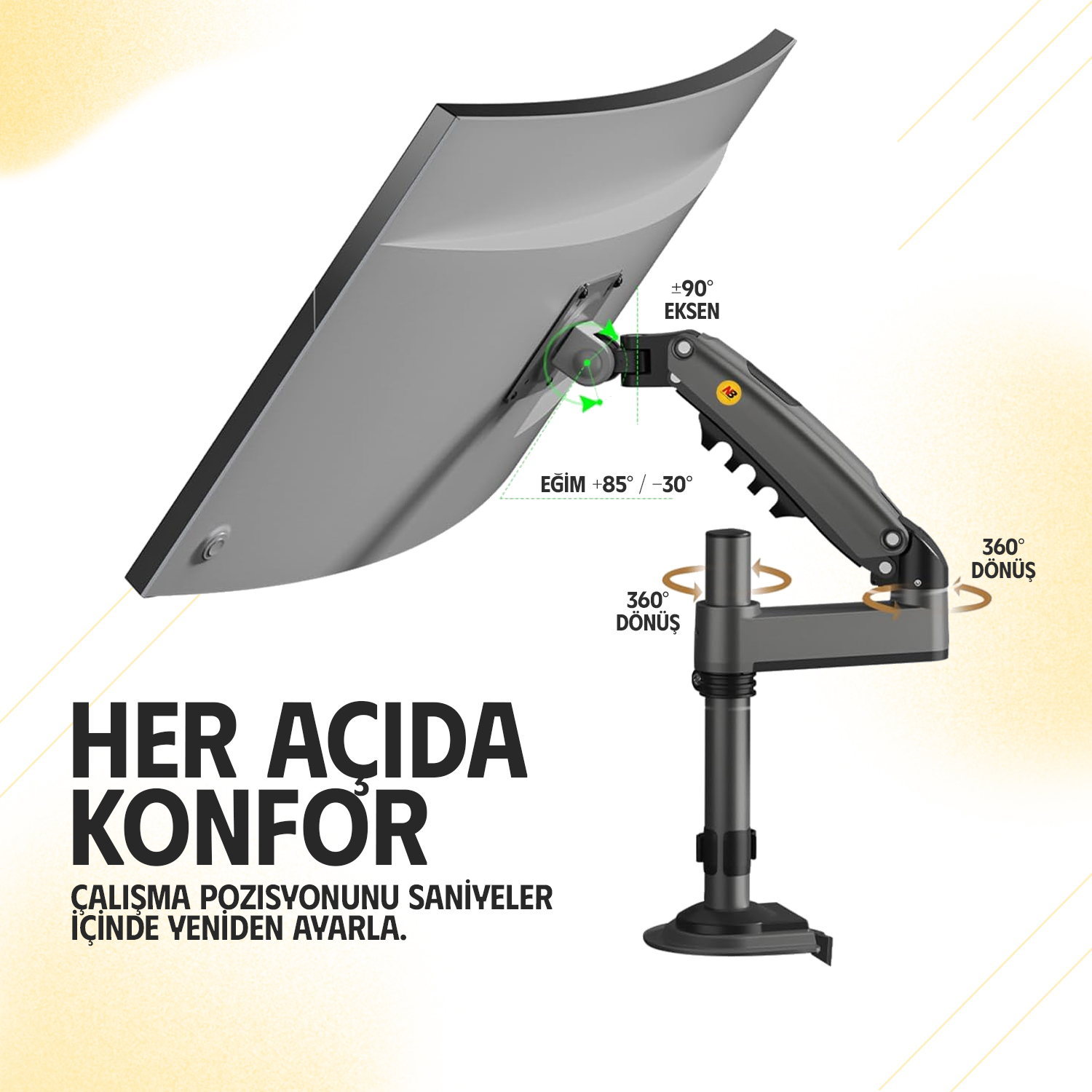 Eğim, pivot ve dönüş özelliklerini gösteren bir monitör kolu. Türkçe metin.