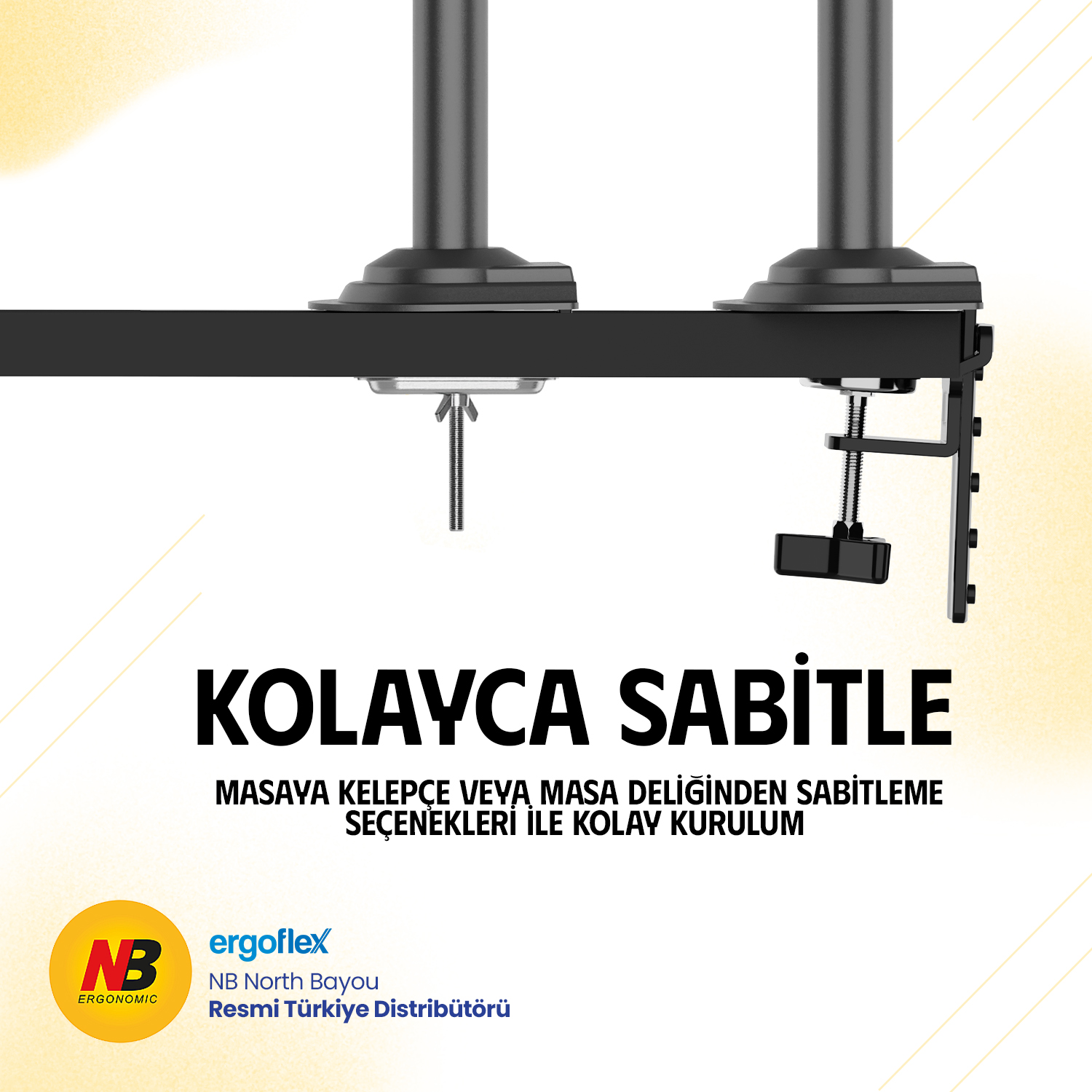 Masa montajlı monitör standı, kelepçe ve delikli montaj seçenekleri.