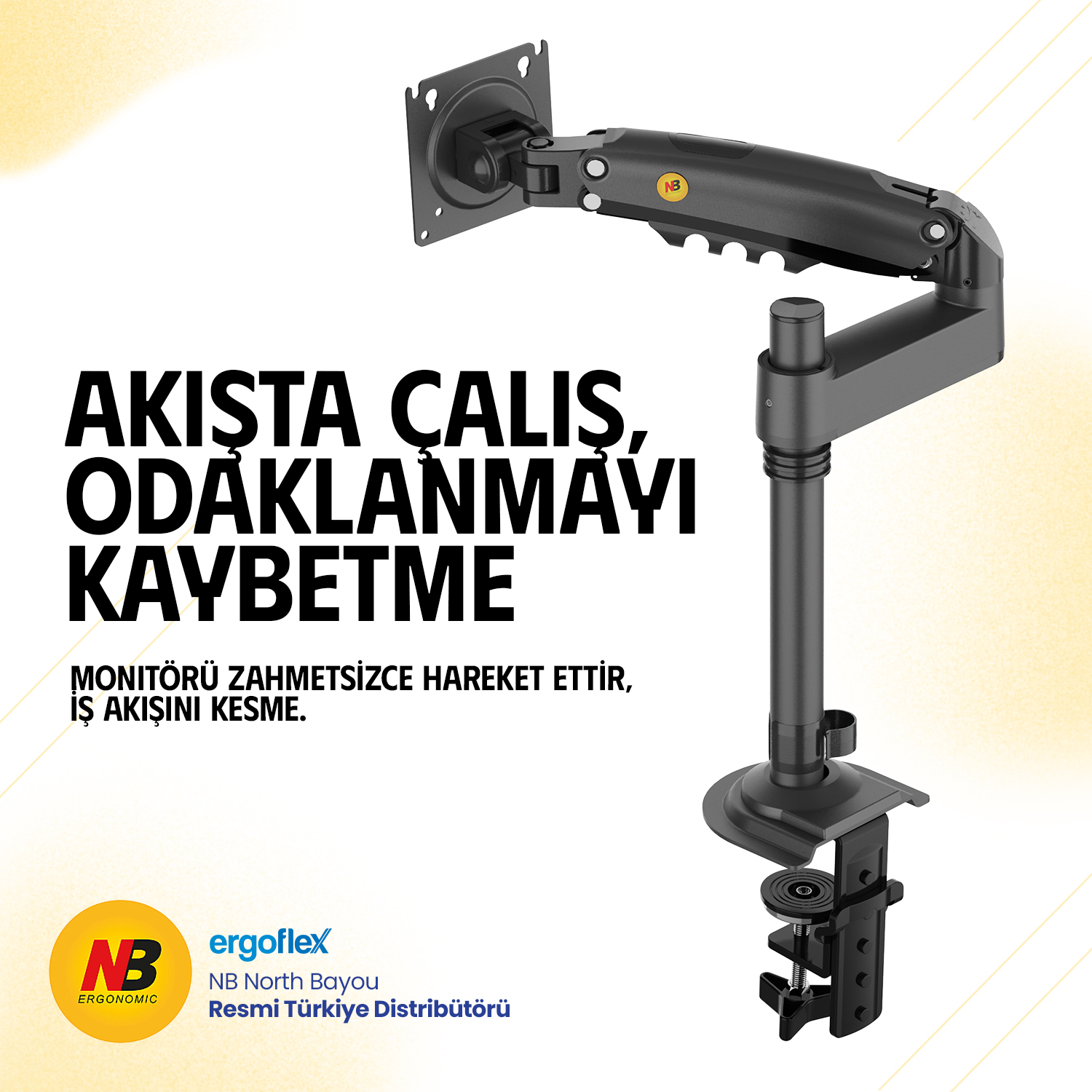 Siyah, kelepçeli monitör kolu ve Türkçe metin.