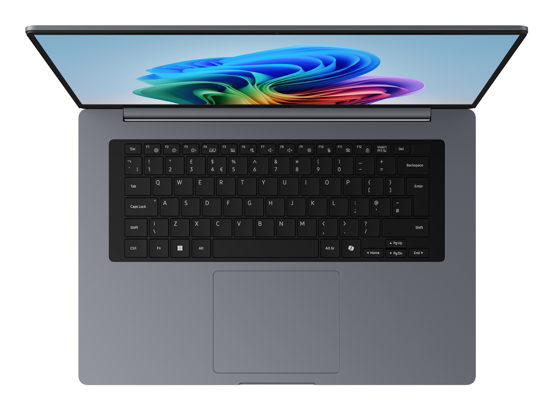 Ein offener Laptop mit einer Tastatur und einem bunten Hintergrundbild auf dem Bildschirm.