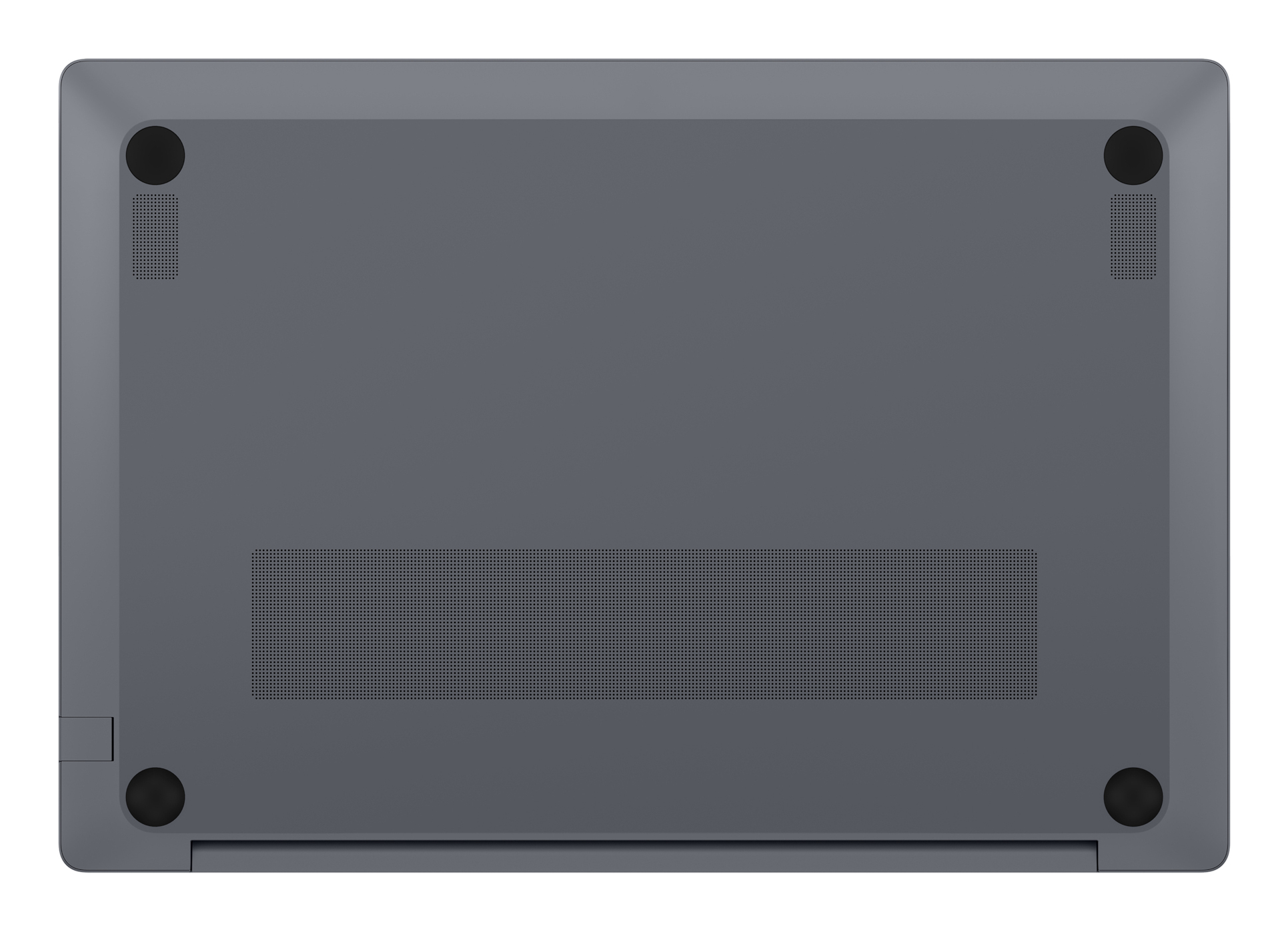Unterseite eines grauen Laptops mit Lüftungsschlitzen und vier Gummifüßen.