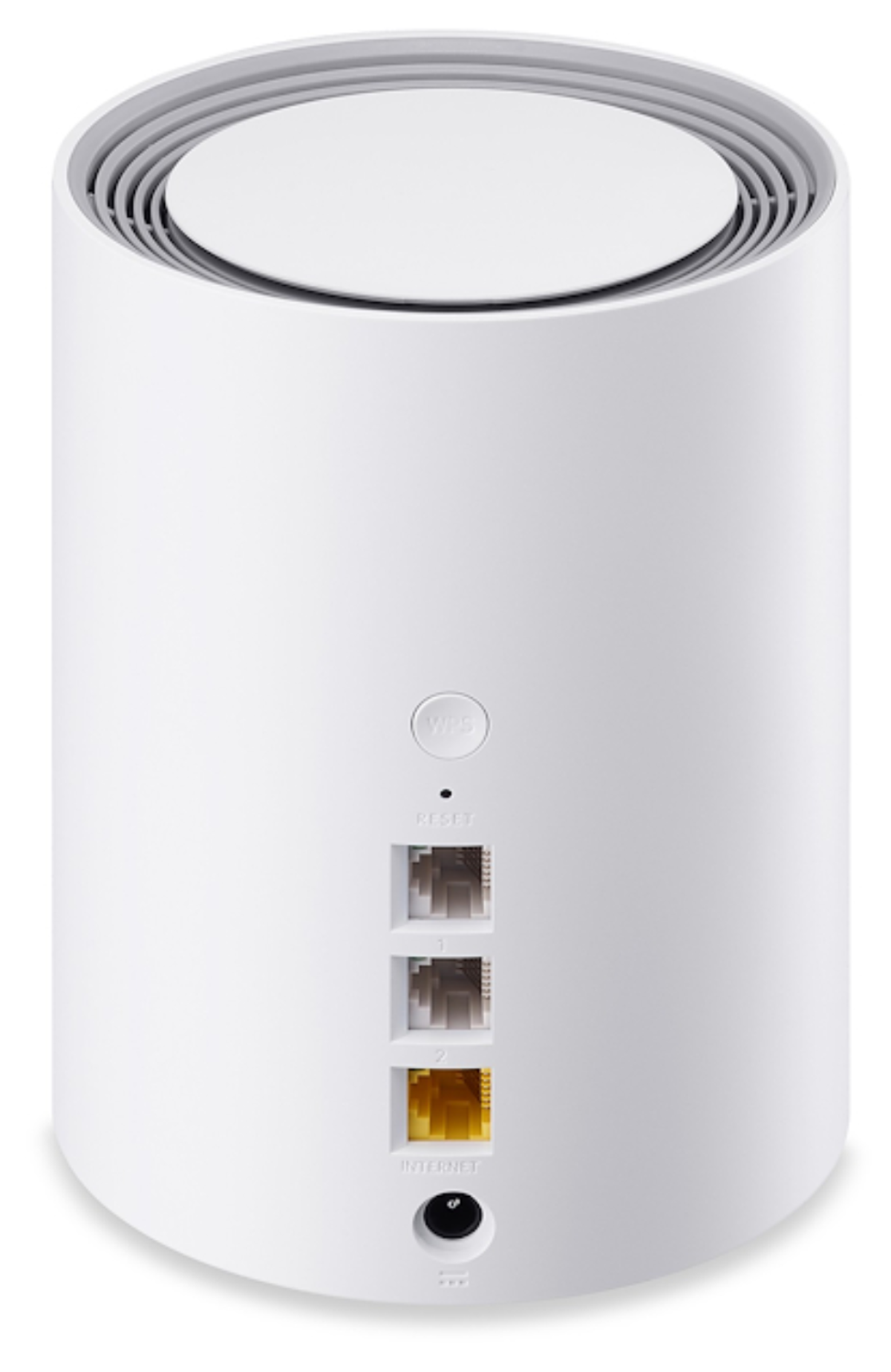 Un router blanco y cilíndrico con ventilación superior y puertos traseros.