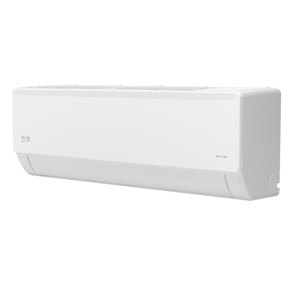 Un aire acondicionado Beko inverter blanco se muestra sobre fondo negro.