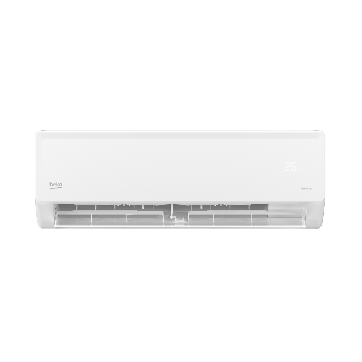 Una unidad de aire acondicionado Beko blanca con pantalla digital 26 y "Inverter".