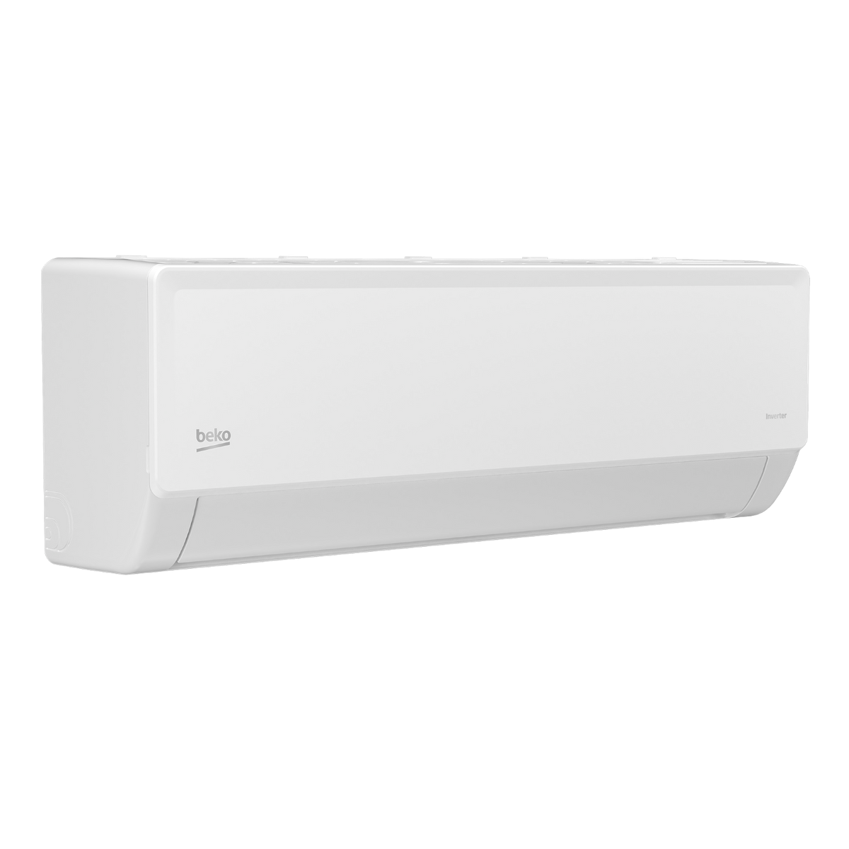 Un aire acondicionado Beko inverter blanco montado sobre fondo negro.