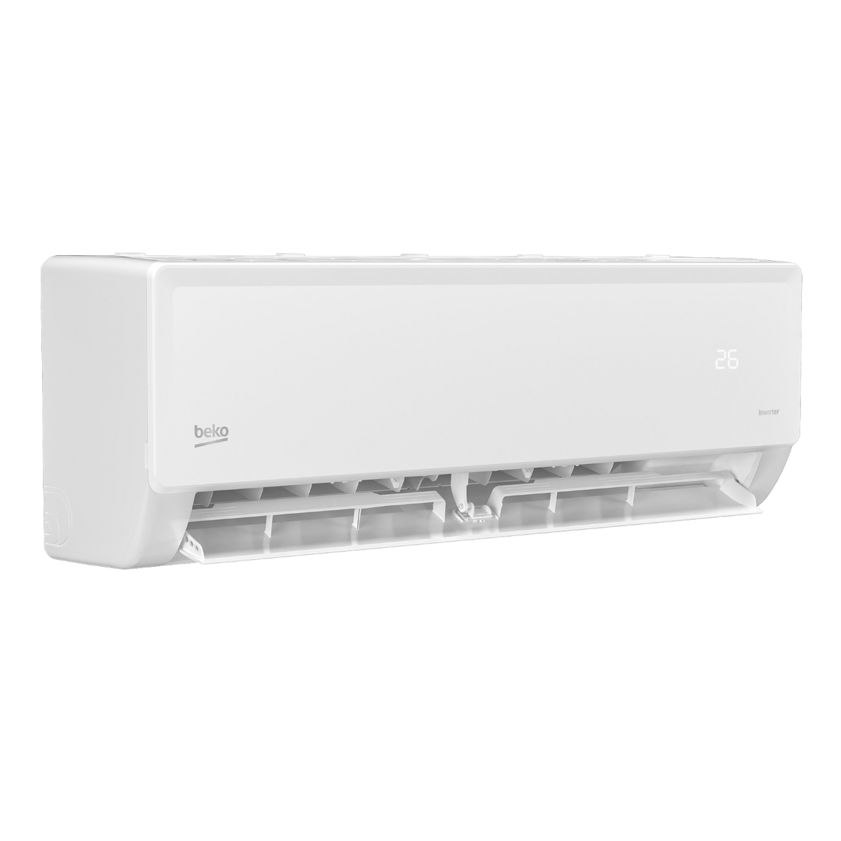 Aire acondicionado Beko blanco con pantalla digital que muestra 26 grados.