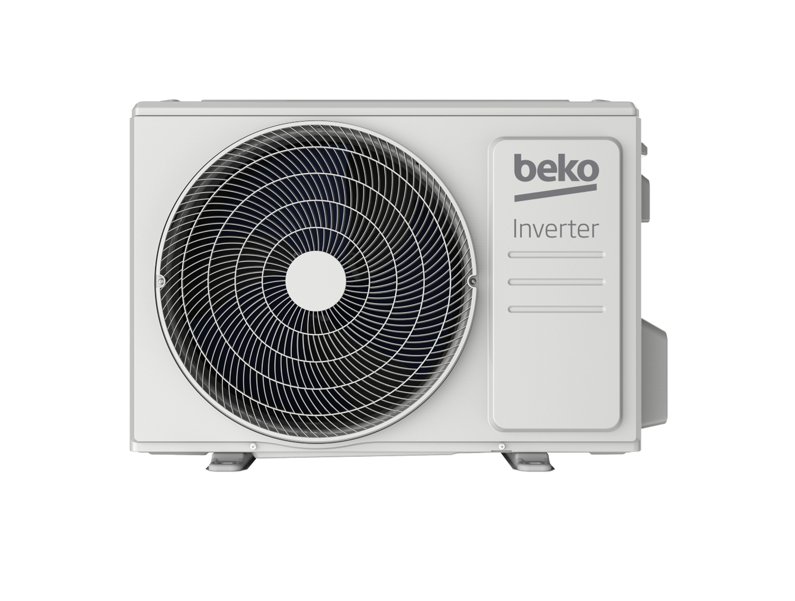 Una unidad exterior de aire acondicionado blanca con un gran ventilador y el logo de Beko.