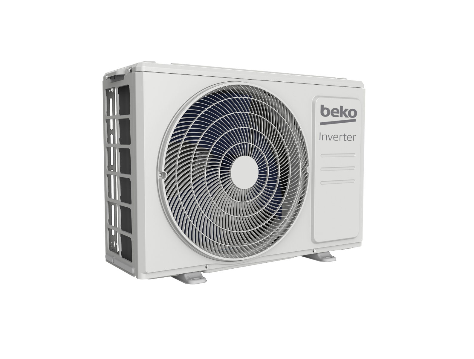 Una unidad exterior de aire acondicionado Beko blanca con ventilador y rejillas.