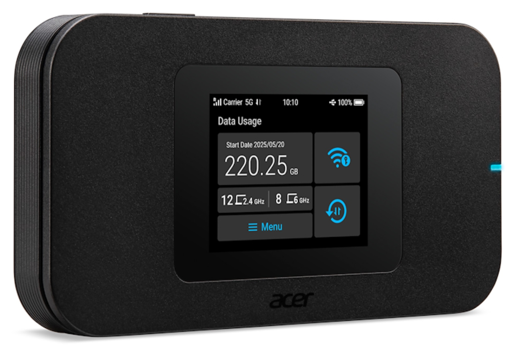 Punto de acceso móvil negro con pantalla que muestra uso de datos e información WiFi.