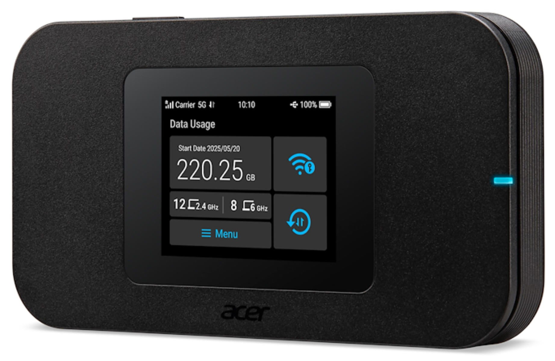 Punto de acceso móvil negro con pantalla táctil, muestra uso de datos de 220,25 GB.