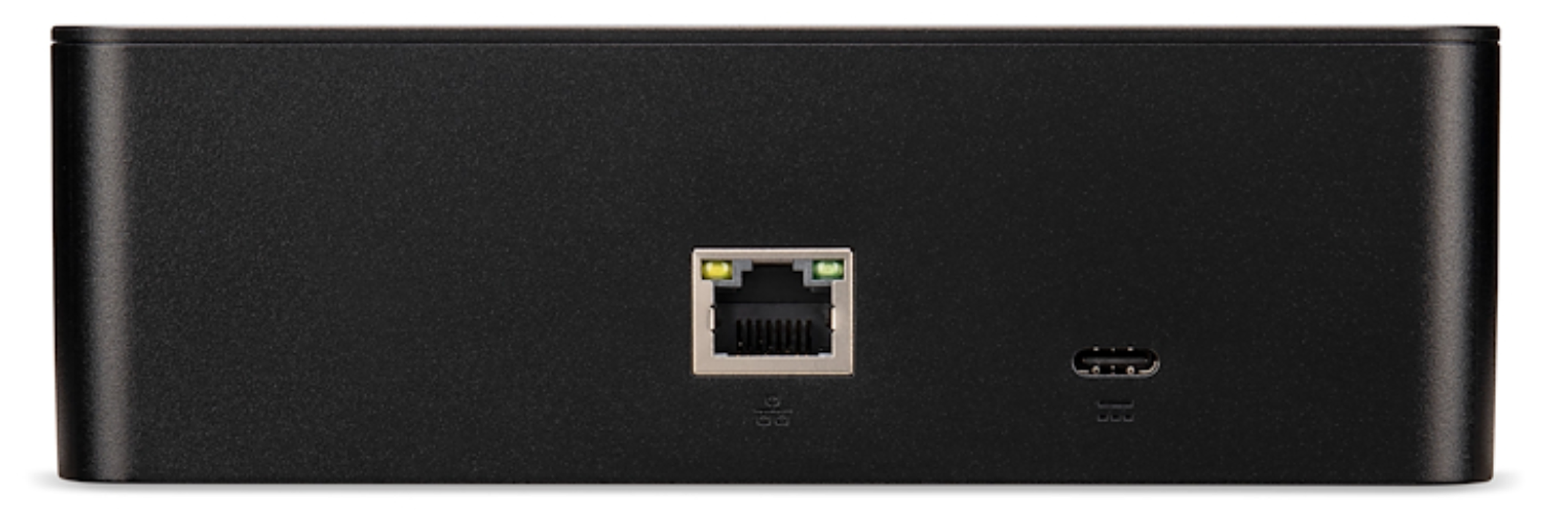 Carcasa negra con puertos Ethernet y USB-C. Luces verdes y amarillas en Ethernet.