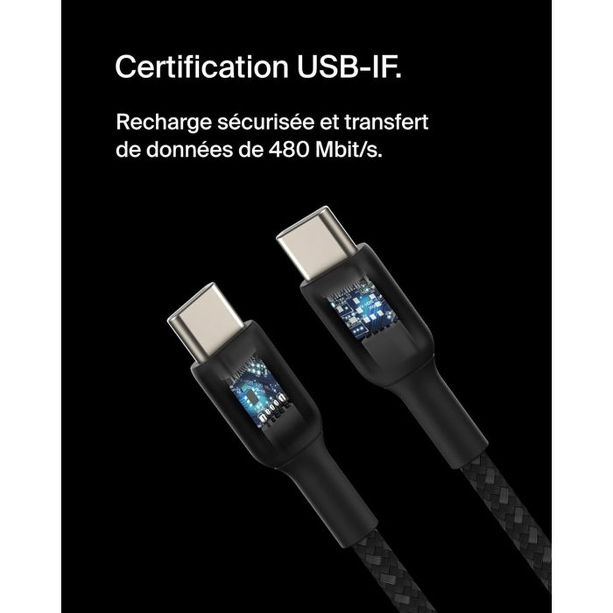 Deux câbles USB-C avec connecteurs argentés et circuits bleus éclairés.