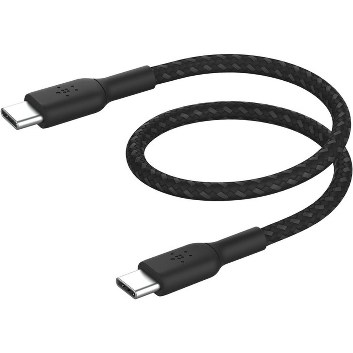 Un câble USB-C vers USB-C noir tressé est enroulé sur fond blanc.