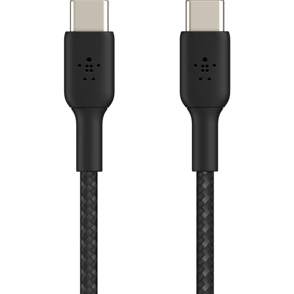 Deux câbles USB-C noirs avec gaine tressée, sur fond blanc.