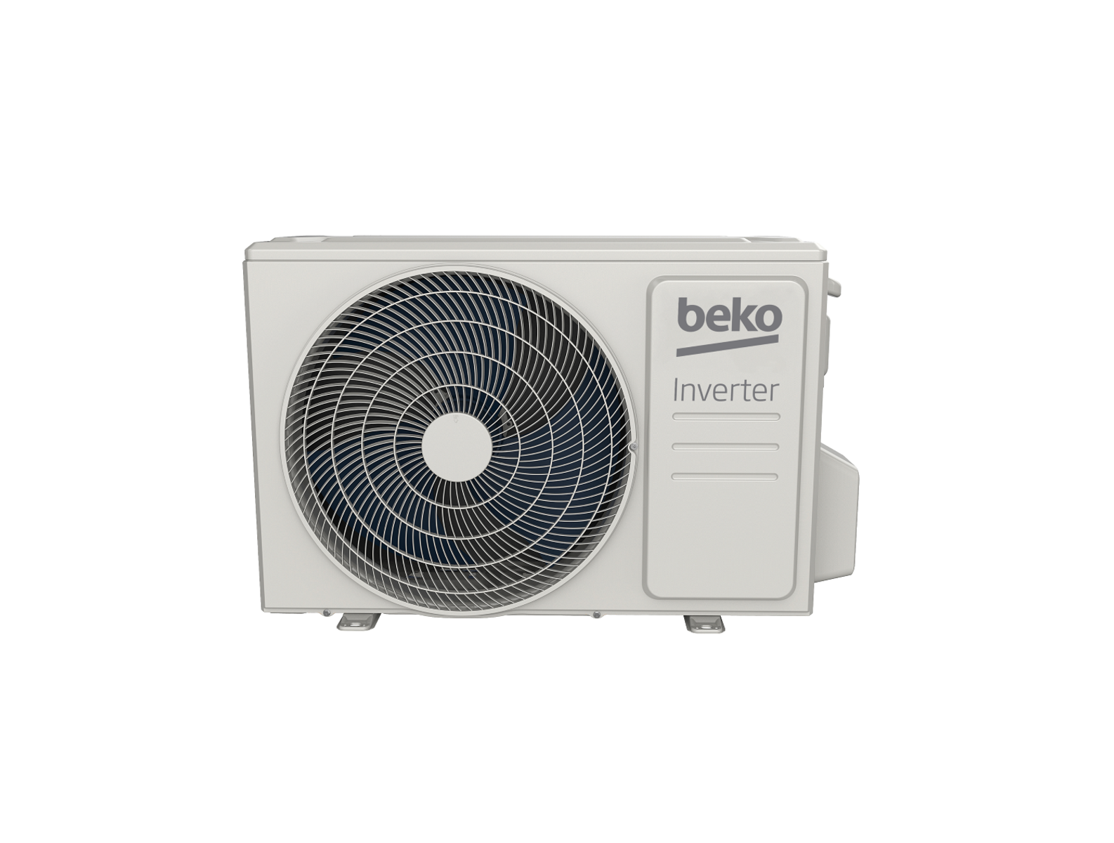Unidad exterior de aire acondicionado Beko inverter blanca con rejilla de ventilador grande.