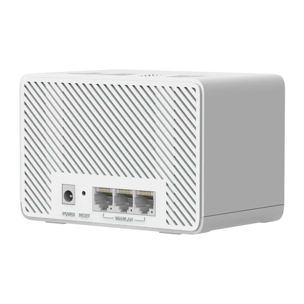 Un router blanco con rejillas de ventilación, puerto de alimentación y tres puertos LAN.