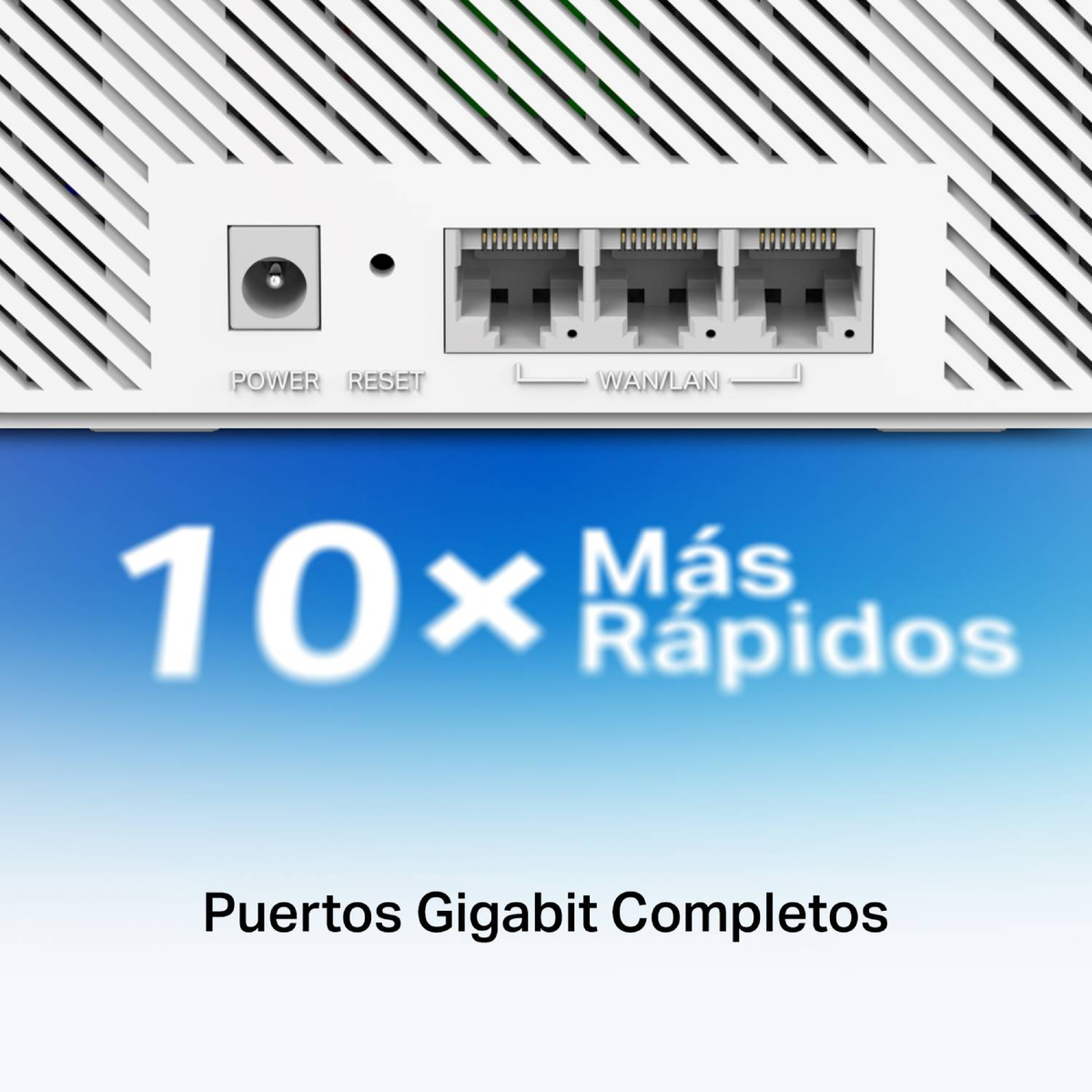 Parte trasera de un router con puertos: Encendido, Restablecer, WAN/LAN. Texto: 10x Más Rápidos, Puertos Gigabit Completos.