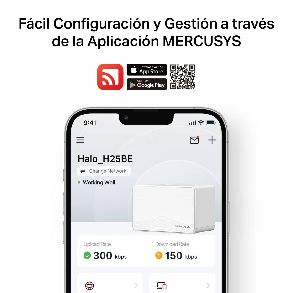 Vista de app muestra router MERCUSYS, tasas subida/bajada y botones descarga.