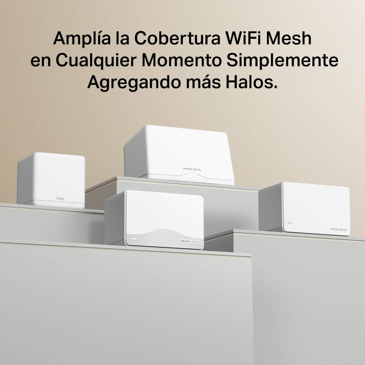 Cuatro dispositivos WiFi Mesh blancos en diferentes niveles. Texto arriba.