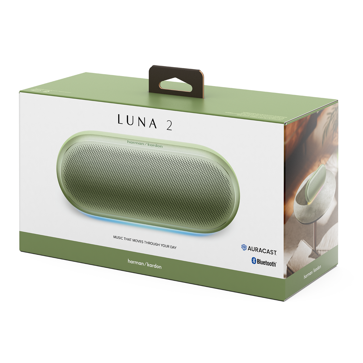 Grüne Harman Kardon LUNA 2 Lautsprecherbox mit Produktbild und Auracast-Logo.