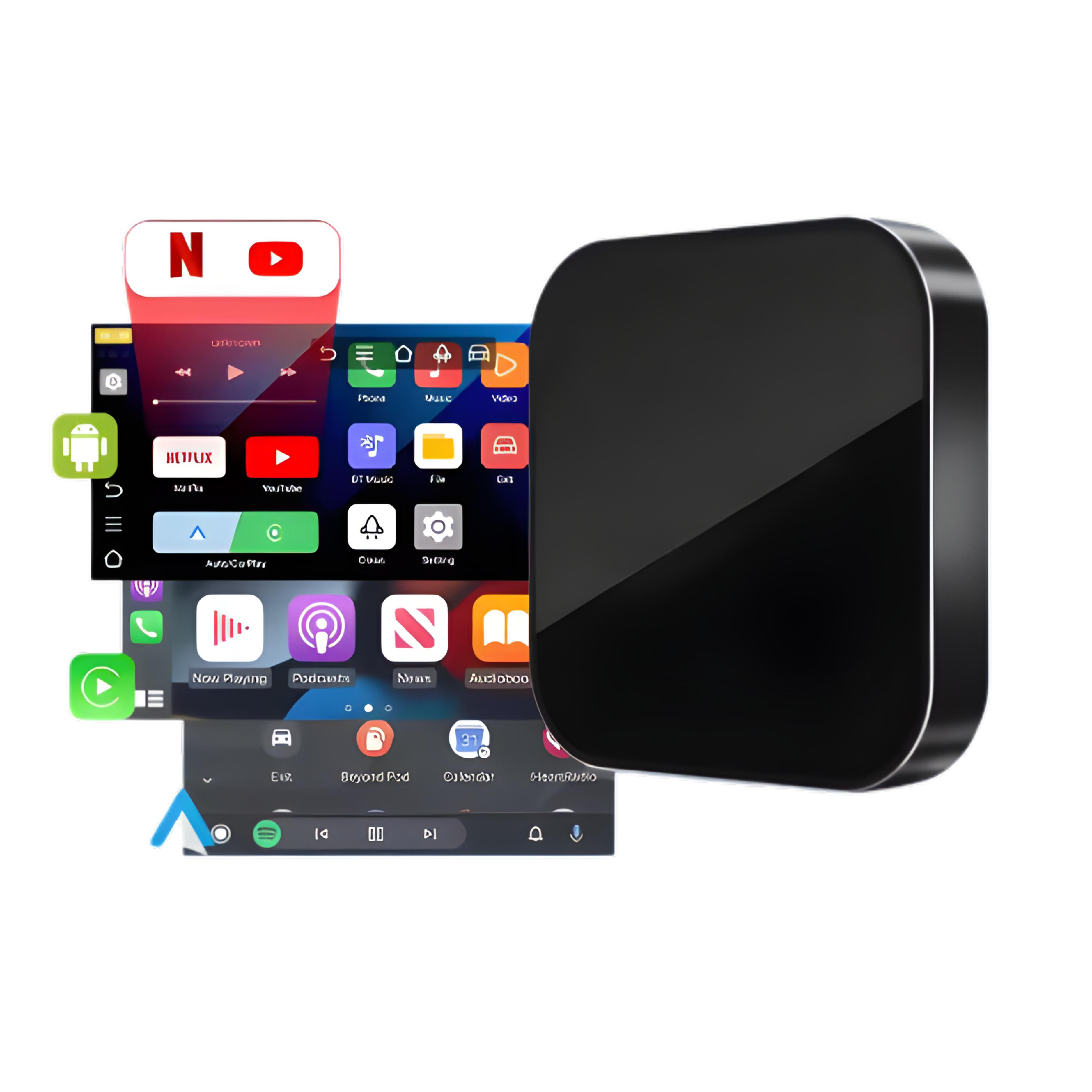 Un dispositivo negro mostrando iconos de apps como Netflix y YouTube.