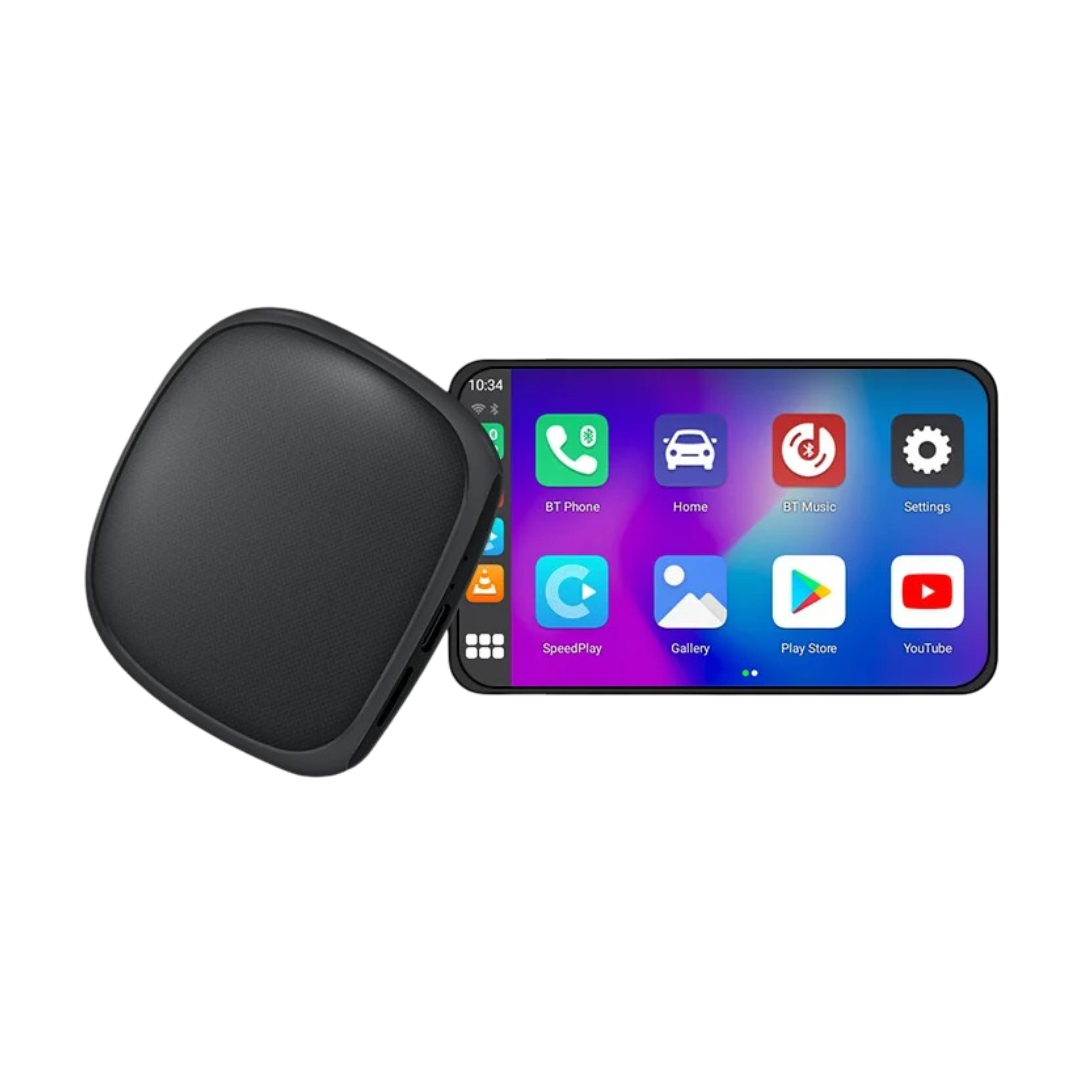 Un dispositivo negro junto a una pantalla táctil con iconos de aplicaciones.