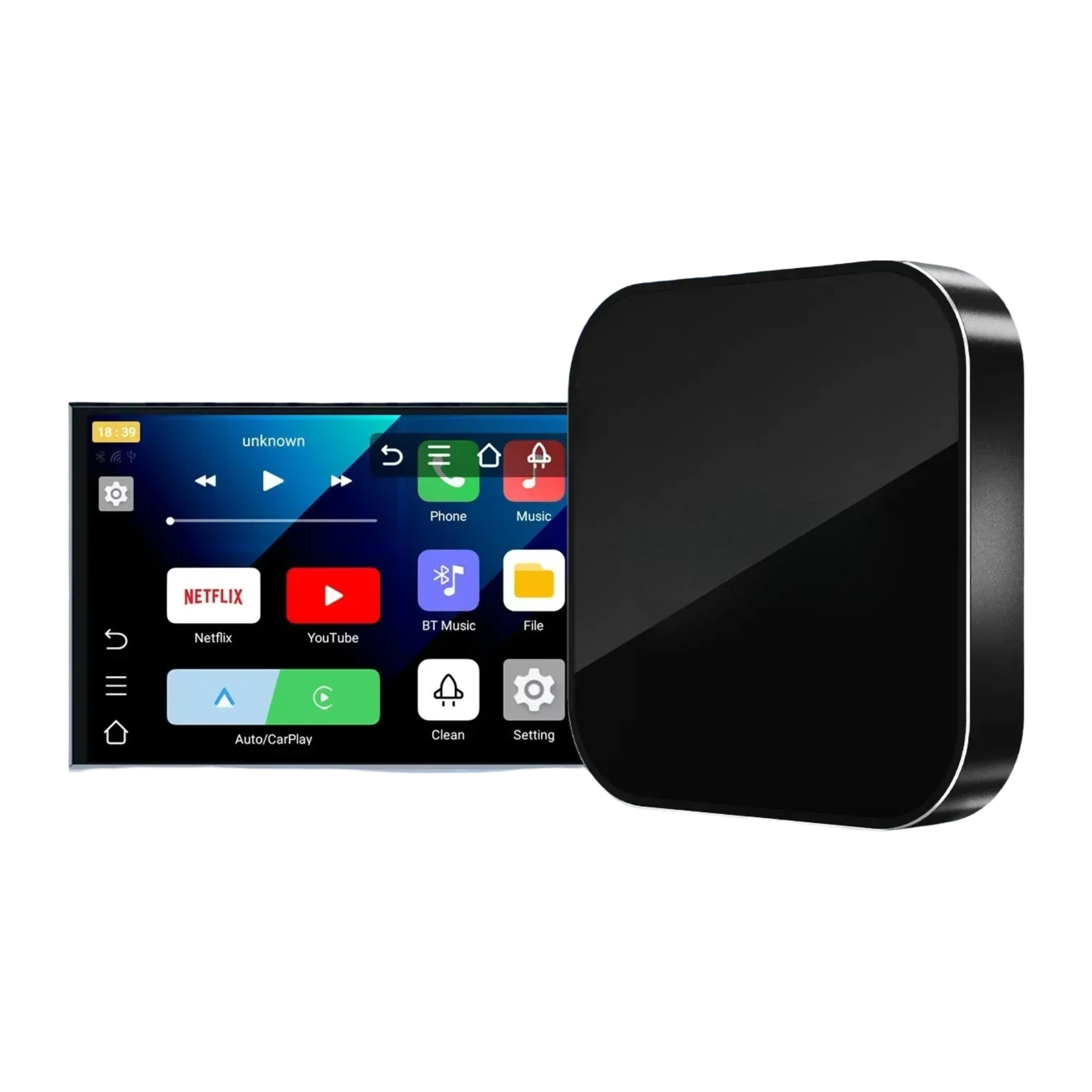 Un dispositivo de infoentretenimiento negro con pantalla táctil que muestra apps como Netflix y YouTube.