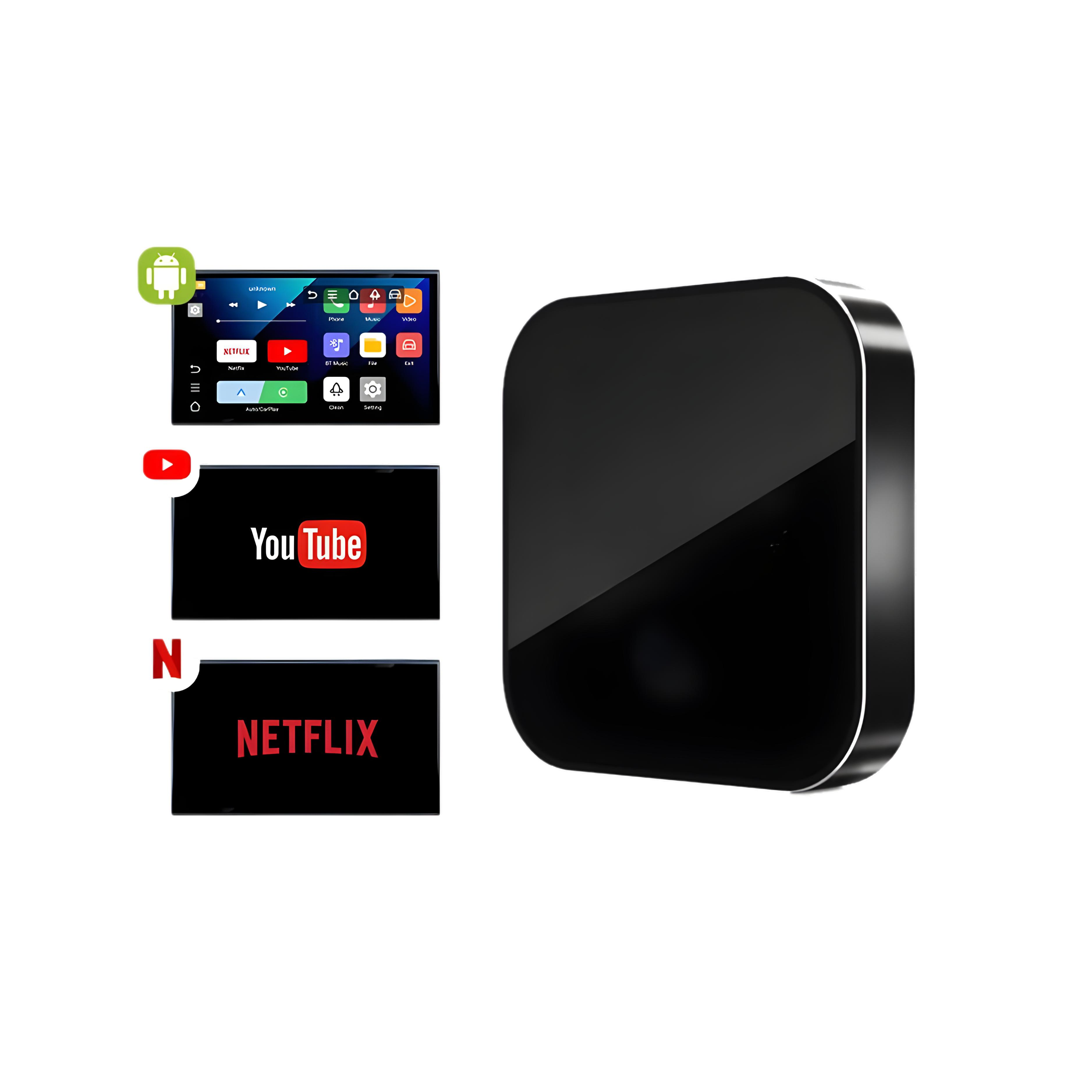Un dispositivo negro con aplicaciones como Netflix y YouTube en tres pantallas.
