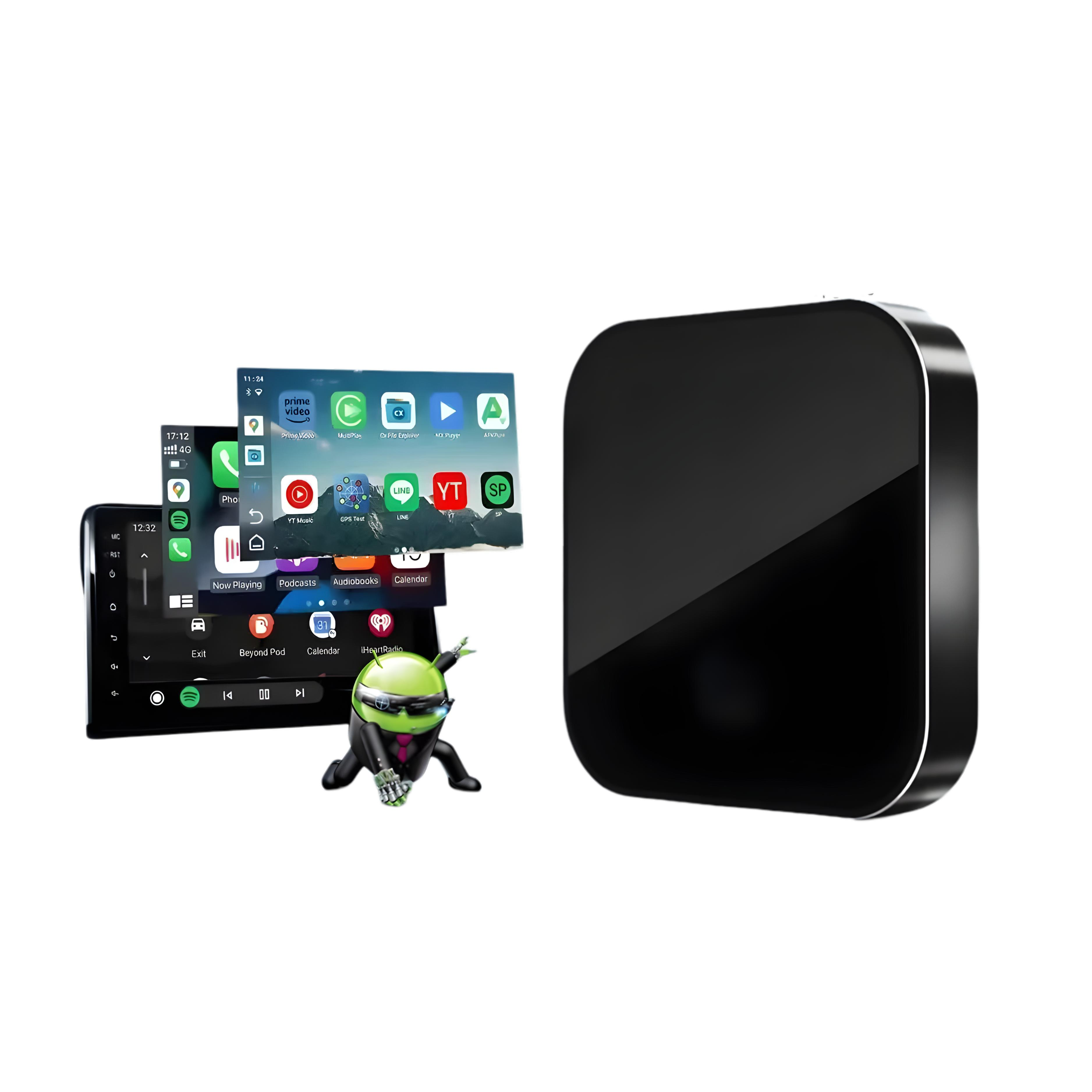 Una caja negra junto a tres pantallas de smartphone con iconos de aplicaciones.