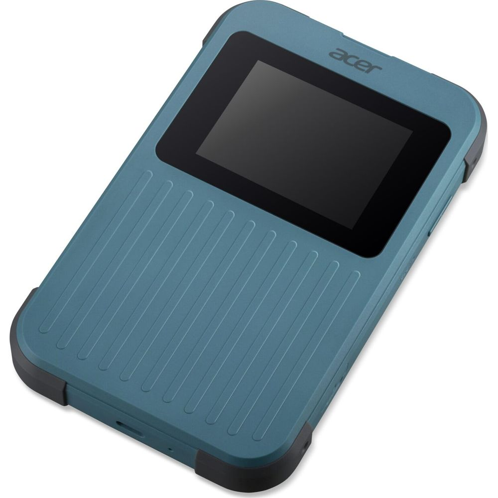 Un dispositivo Acer azul verdoso con pantalla negra y textura acanalada.