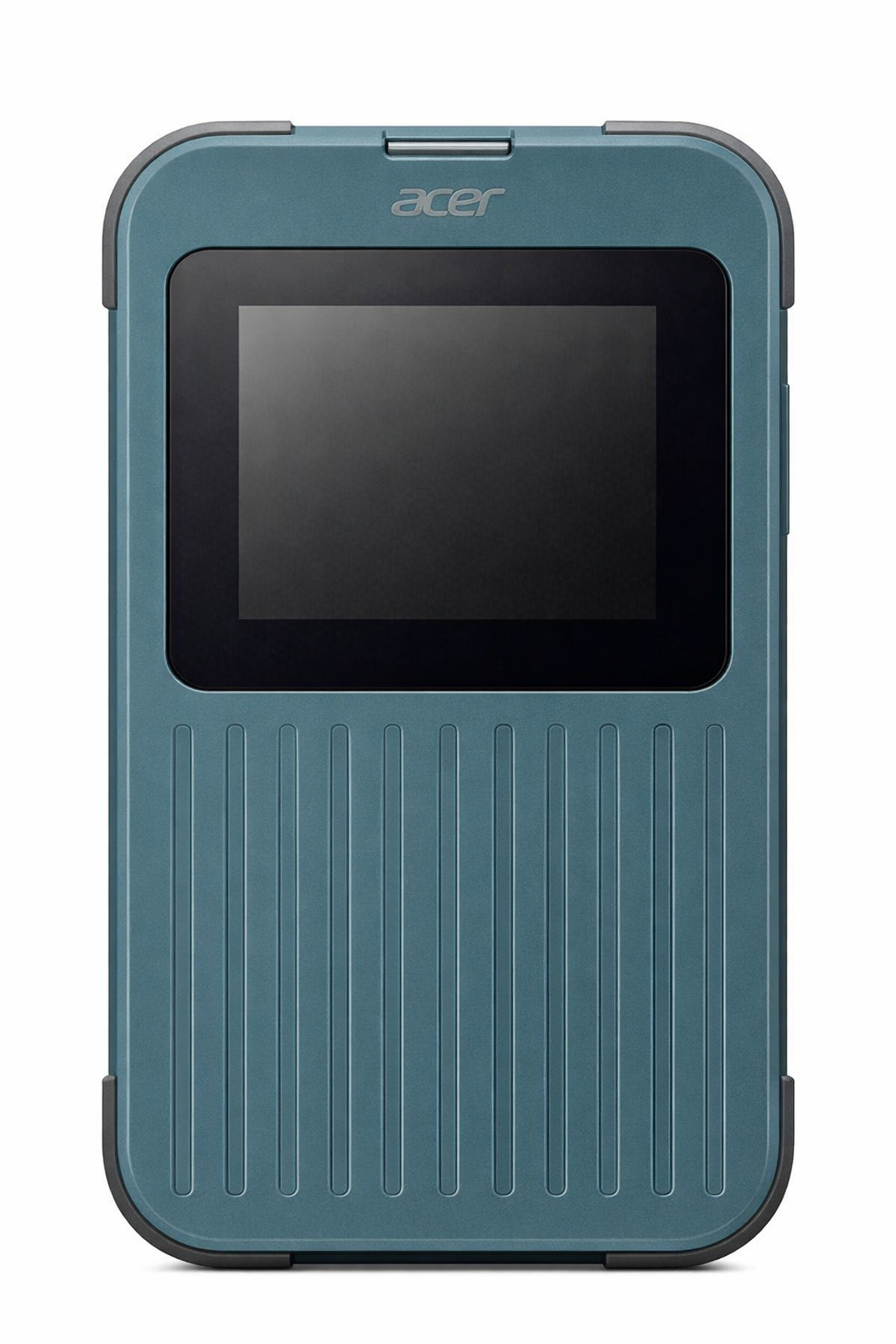 Un dispositivo Acer azul verdoso con pantalla negra y ranuras verticales.