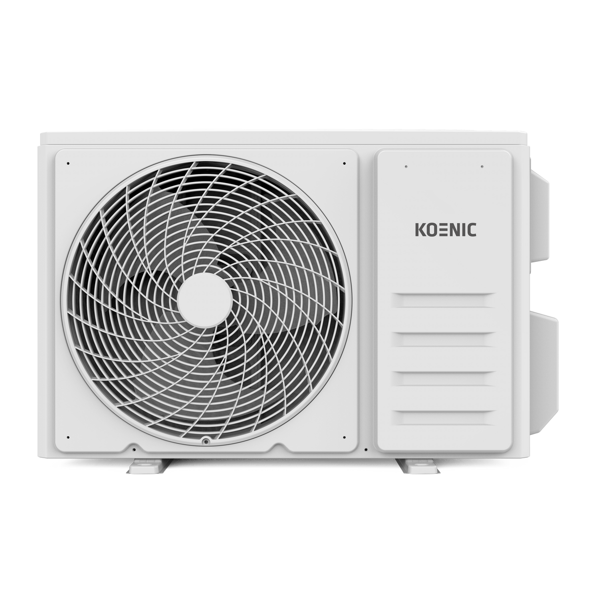 Una unidad exterior de aire acondicionado blanca con rejilla de ventilador grande y logo 'KOENIC'.