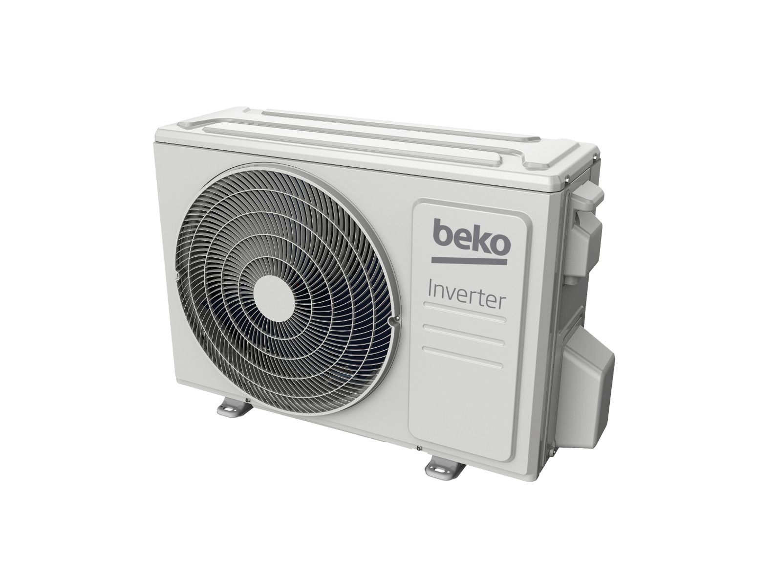 Una unidad exterior de aire acondicionado Beko blanca con tecnología Inverter sobre fondo negro.