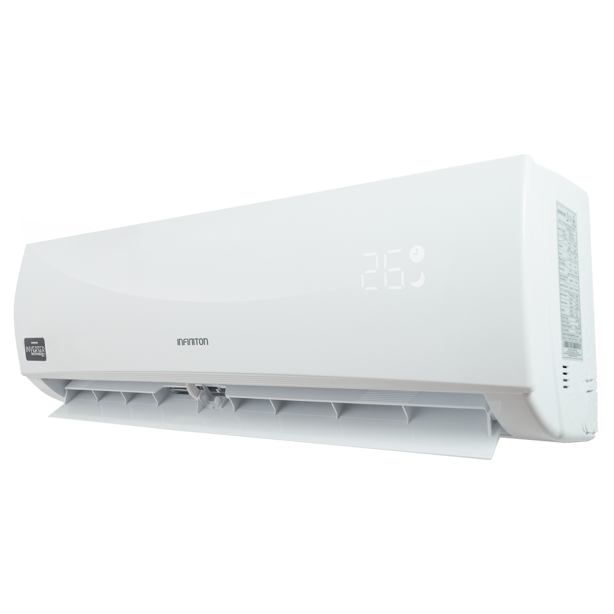 Una unidad de aire acondicionado blanca que muestra 26 grados Celsius digitalmente.