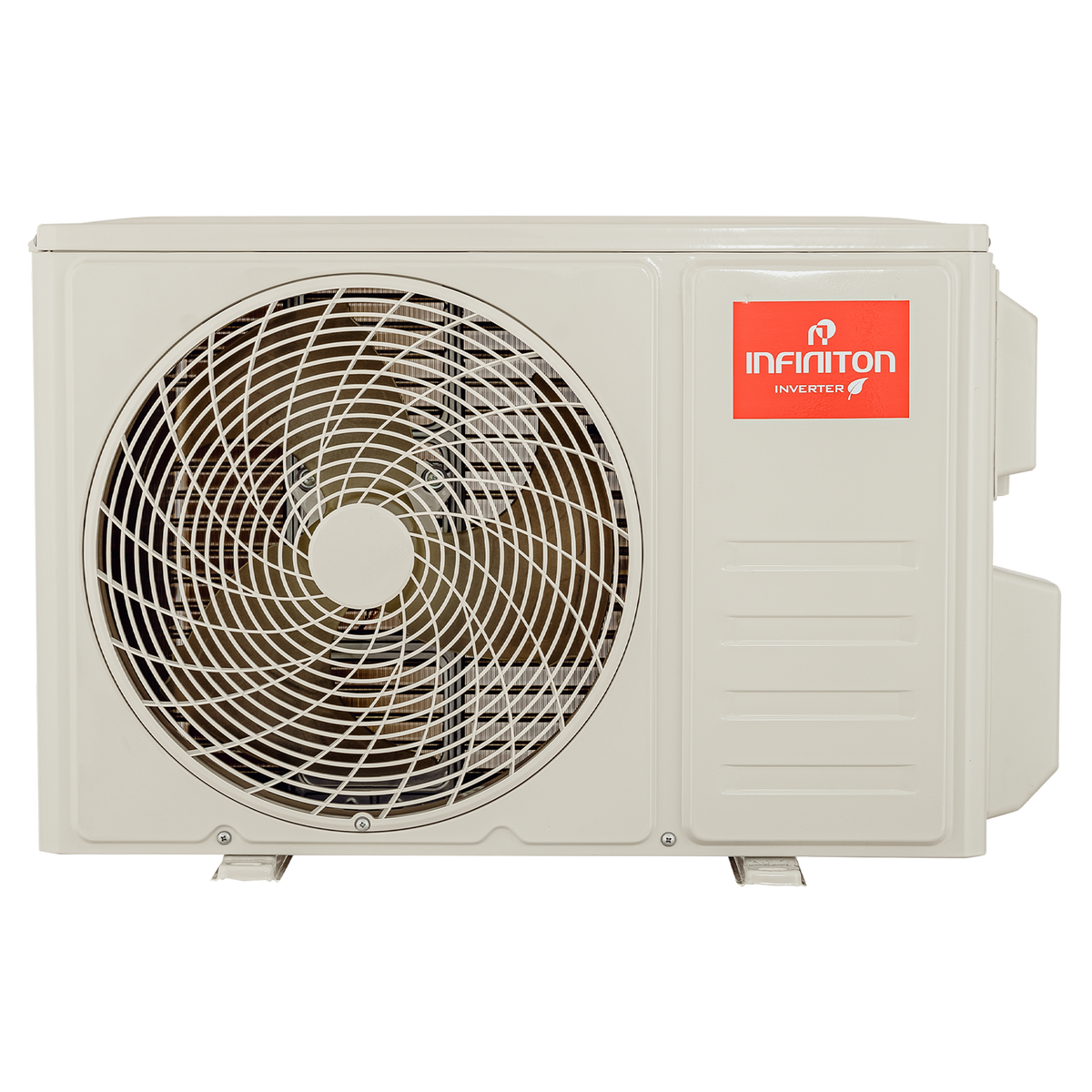 Una unidad exterior de aire acondicionado beige con rejilla de ventilador y logo rojo.