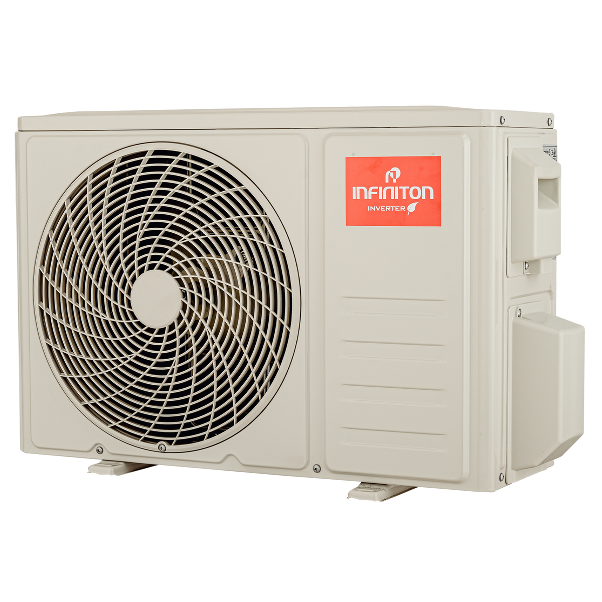 Unidad de aire acondicionado exterior beige con rejilla de ventilador grande y logo rojo.