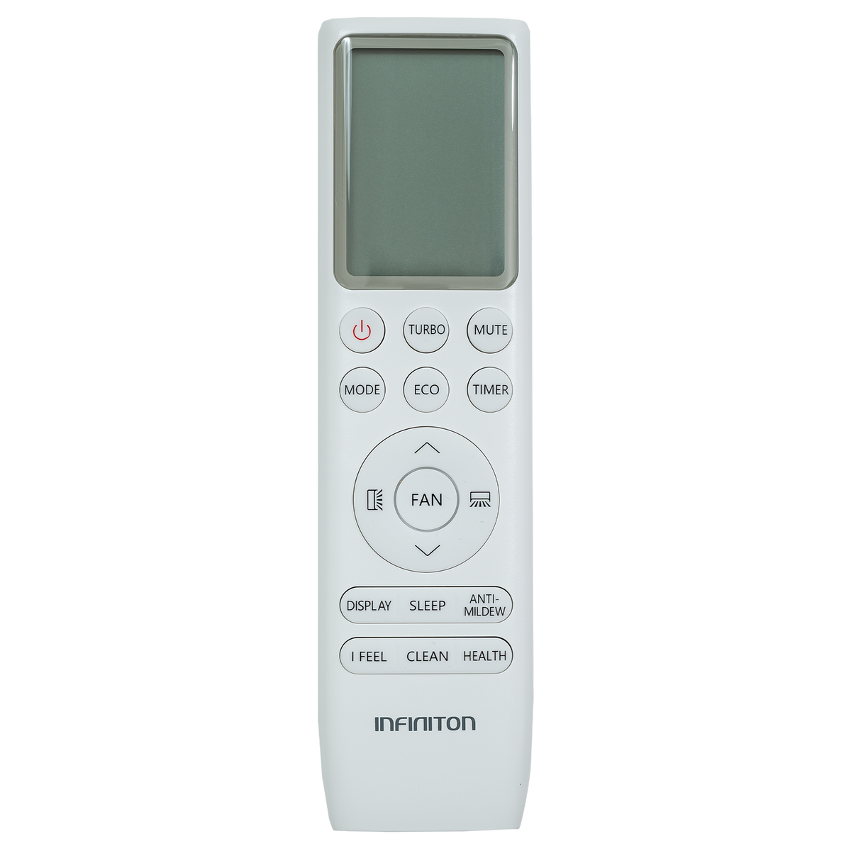 Un control remoto blanco de aire acondicionado con botones para turbo, modo, ventilador y temporizador.