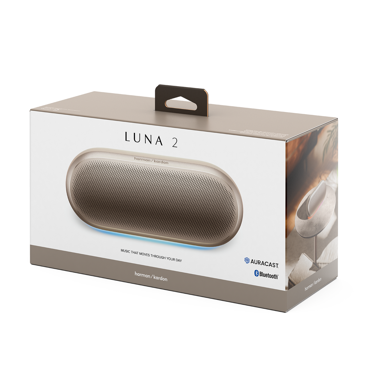 Verpackung eines Harman Kardon LUNA 2 Bluetooth-Lautsprechers in Bronze.