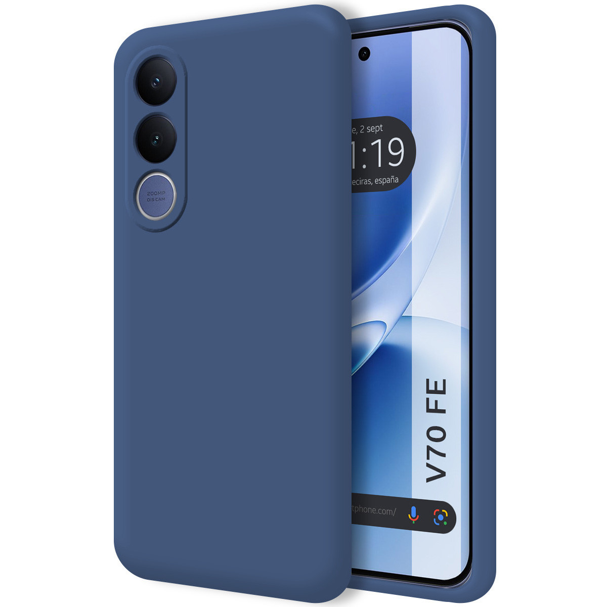 Una funda azul para teléfono cubre la parte trasera de un smartphone con triple cámara.