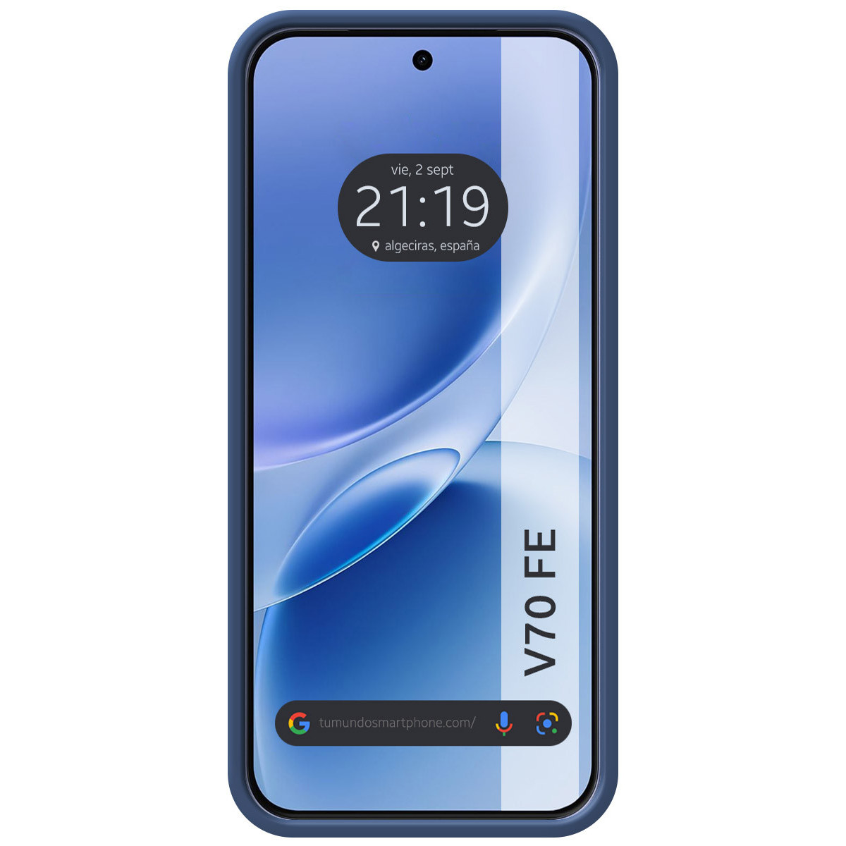 Un smartphone azul oscuro muestra su pantalla de bloqueo con hora y fecha.