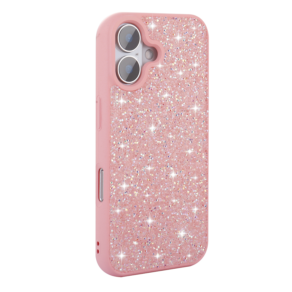 Simli pembe telefon kılıfı, iki kamera lensli.