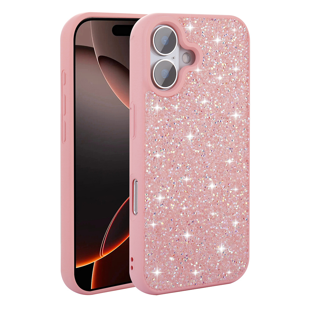 Arkada iPhone bulunan pembe simli telefon kılıfı.