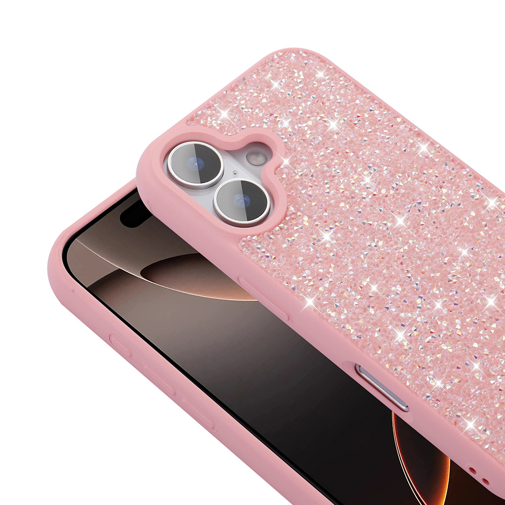 Telefonun üzerinde duran pembe simli telefon kılıfı.