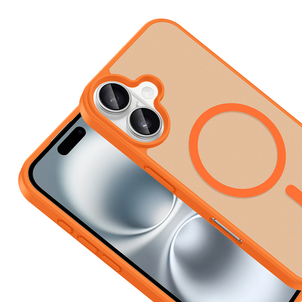 Şeffaf arka ve kamera kesimli turuncu telefon kılıfı.