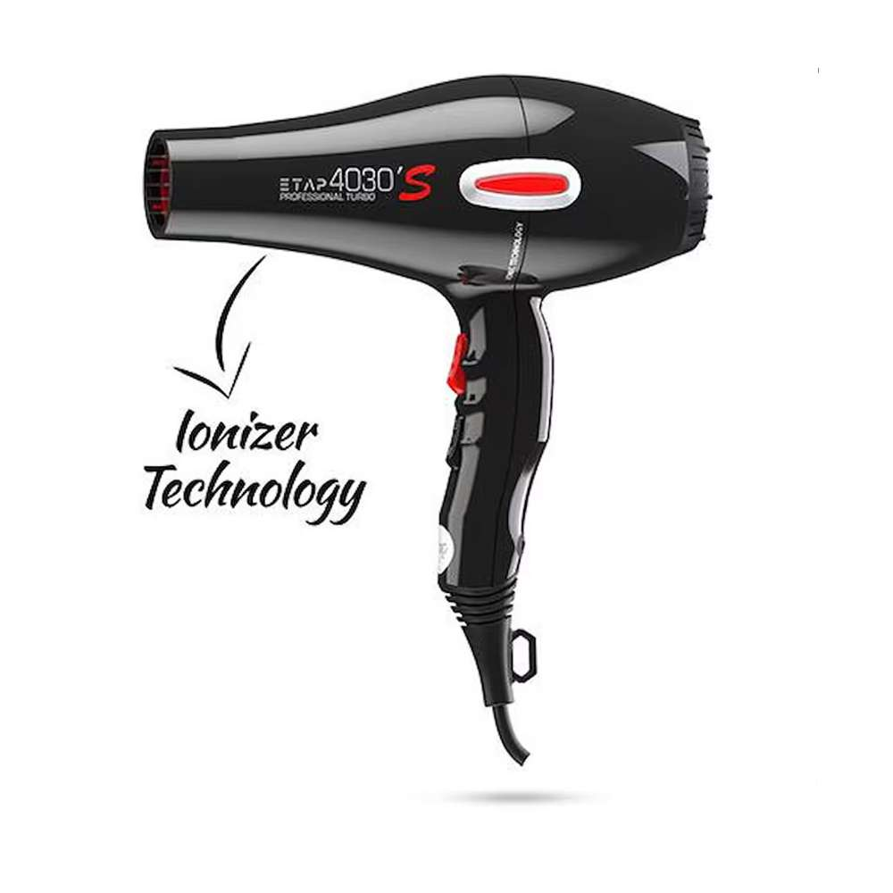 Kırmızı vurgulu, "Ionizer Technology" yazılı siyah saç kurutma makinesi.