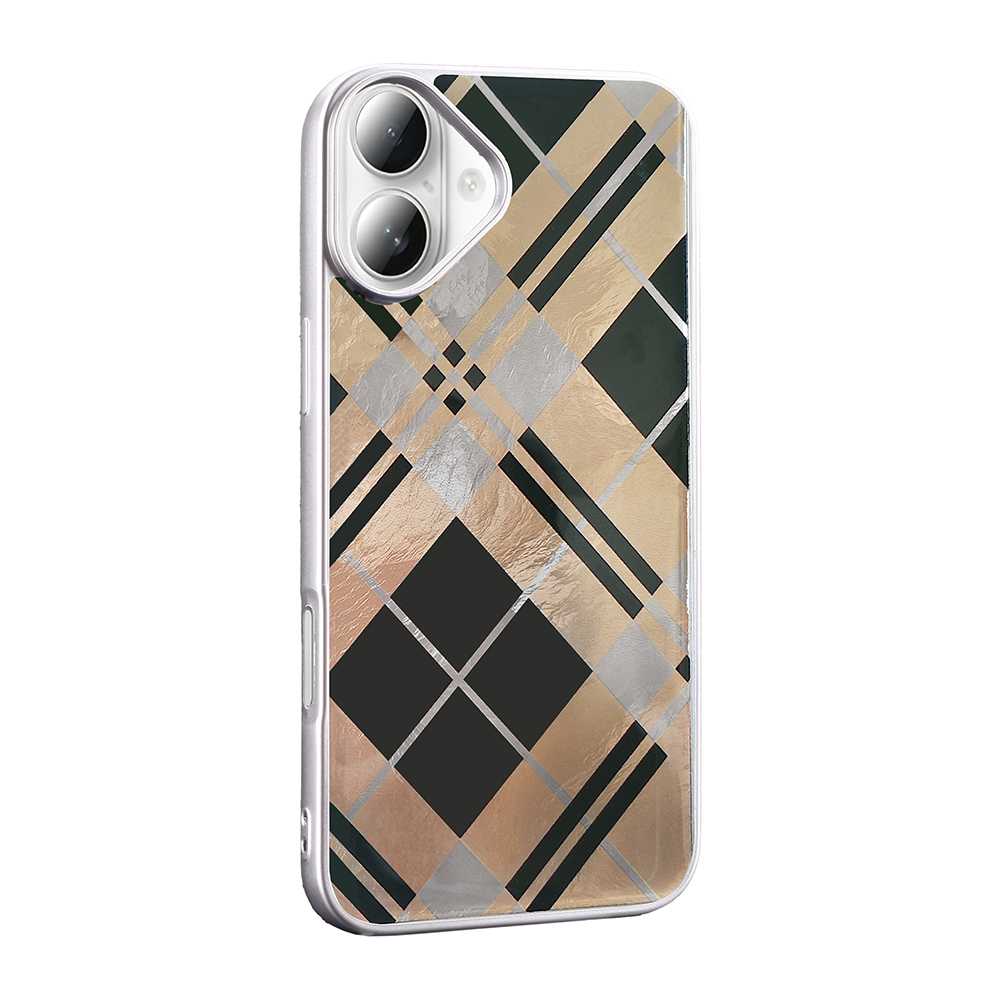 Altın, siyah ve gümüş geometrik baklava desenli şeffaf telefon kılıfı.