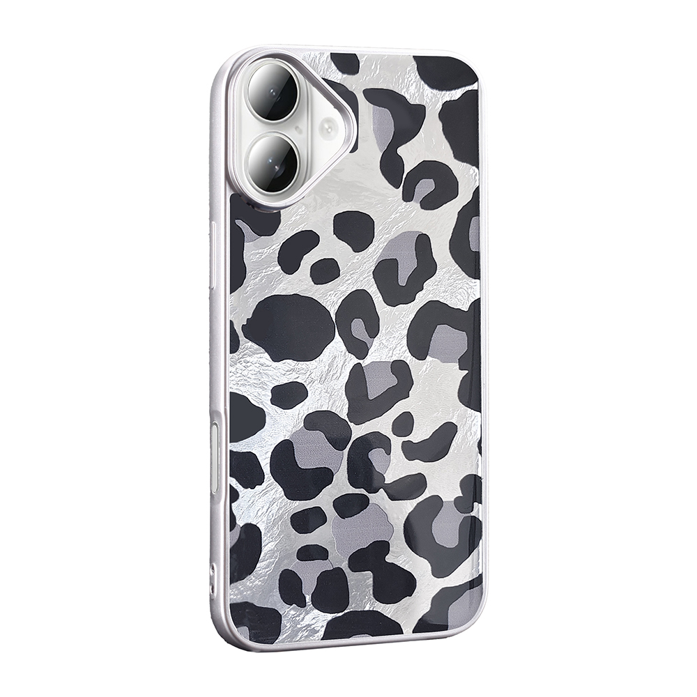 Leopar desenli gümüş telefon kılıfı.