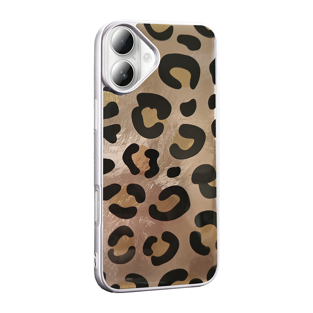 Altın ve siyah leopar desenli şeffaf telefon kılıfı.