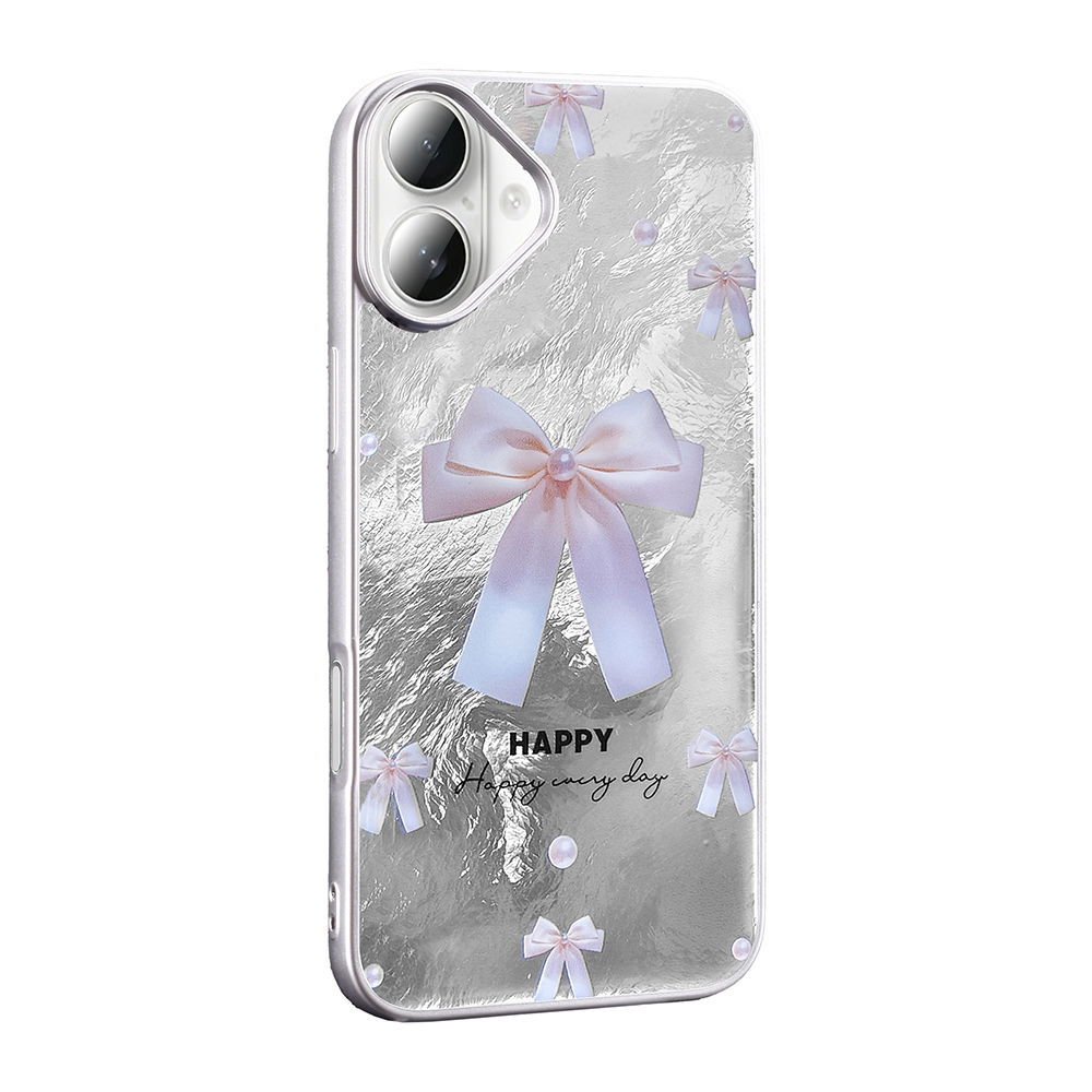 Gümüş folyo arkalı, pembe kurdeleli ve incili şeffaf telefon kılıfı.